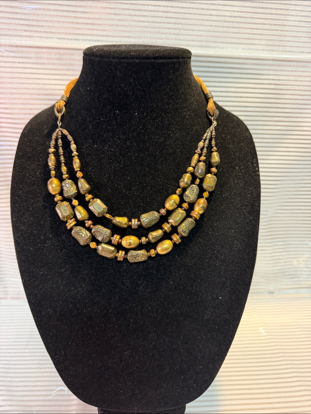 Coldwater Creek Three-Strand Brown & Gold Beaded Necklace